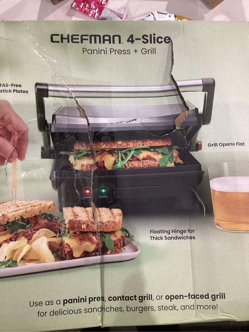 Condition photo showing As Is for Chefman Panini Press Grill and Gourmet Sandwich Maker Non-Stick Coated Plates, Opens 180 Degrees to Fit Any Type or Size of Food, Stainless Steel Surface and Removable Drip Tray, 4 Slice, Black