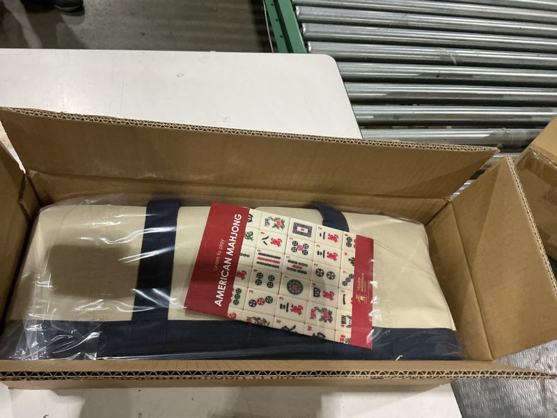 Condition photo showing New/Like New for yellow mountain imports american mahjong set, harbor mint with beige and blue canvas tote bag - 4 all-in-one racks with pushers, wright patterson scoring coins, dice, & wind indicator emerald