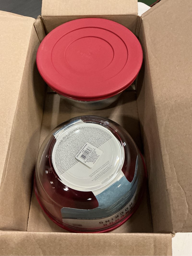 Condition photo showing New/Like New for anchor hocking 91858 glass mixing bowls with lids, cherry, 4 quart (set of 2) - 4 quart, set of 2