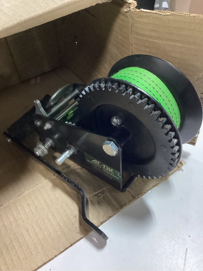 Condition photo showing As Is for ac-dk 3200lbs heavy duty boat trailer winch with 32ft strap?2-way ratchet 4:1/8:1 gear trailer winch?portable hand crank winch for boat, truck, trailer, rv, atv, jet ski