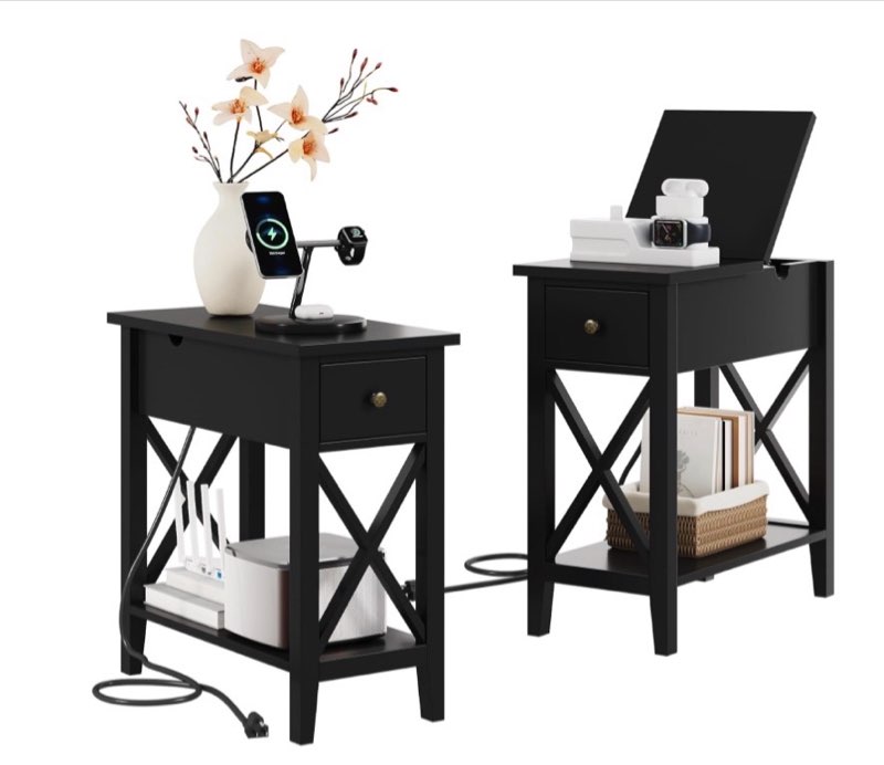 choochoo end table set of 2 with charging station, narrow end table with usb ports and outlets, smal