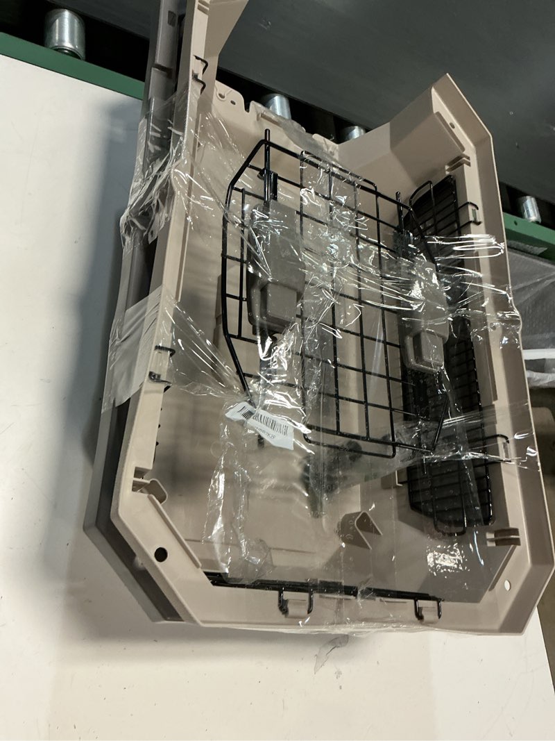 Condition photo showing As Is for amazon basics hard-sided dog and cat kennel single-door travel pet carrier with metal wire ventilation, 23.6" l x 15.7" w x 13.0" h, beige beige 23.6"l x 15.7"w x 13.0"h