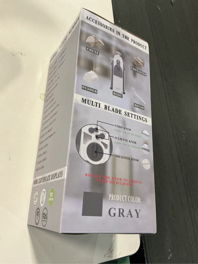 Condition photo showing New/Like New for Safe Mandoline Vegetable Chopper With Container for Kitchen, Professional, More with 30+ Presets & Thickness Adjuster, Faster Food Slicer Gadgets for Onion,Potato - Gray