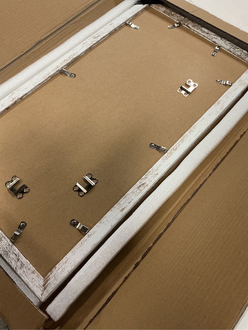 Condition photo showing Good Condition for 10x20 Picture Frame Set of 2, Distressed White Wood Frame with Real Glass Collage Frame, Display Pictures Three 5x7 With Mat or 10 x 20 Without Mat - Horizontal or Vertical Wall Mounting 10x20 in matted to 3-5x7 Distressed White