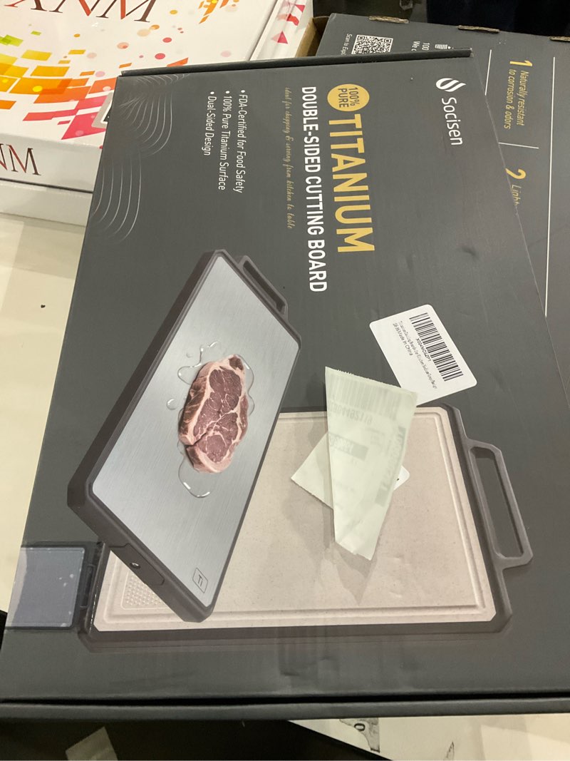 Condition photo showing New/Like New for Titanium Cutting Boards for Kitchen Non Toxic Chopping Board with Handle Large Big Small Kitchen Meat Butcher Block 2 in 1 Pure Titanium and Wheat Straw PP Not Wood Bamboo Plastic Teak Grey/Beige 1pc: 17.1"L × 10.8"W Grey/Beige