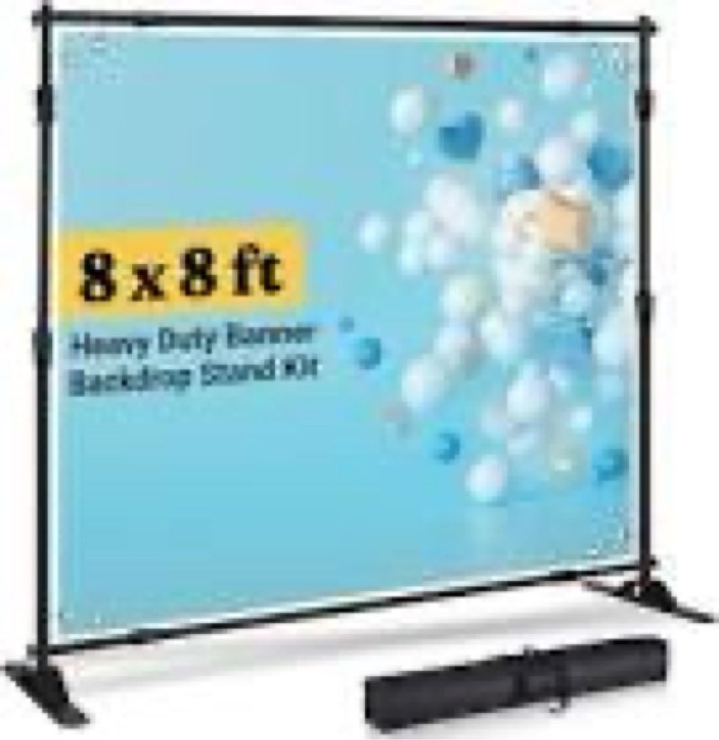 photo backdrop stand - 8x8 ft heavy duty banner holder adjustable photography poster stand - height up to 8x8 ft for trade show, photo booth, parties, wedding, birthday, photoshoot background