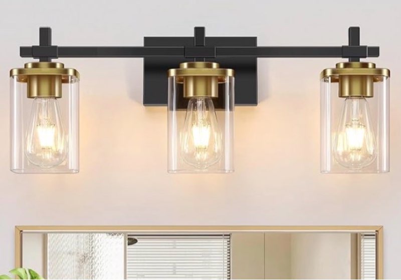 3-lights black and gold bathroom light fixtures over mirror, modern brushed gold vanity lights for bathroom, sconces wall lighting with square glass shade for mirror bedroom hallway