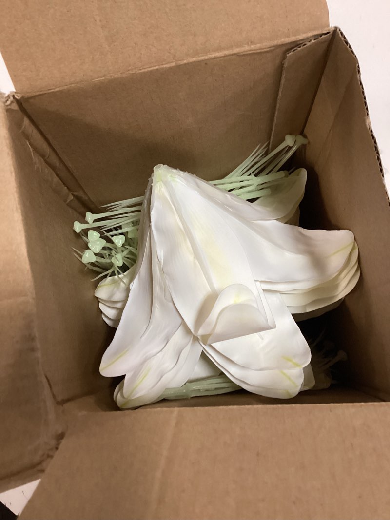 Condition photo showing As Is for suncalla 30 pack large artificial lilies flower heads with realistic stamens 5.9" faux fake lily flower heads bulk for diy crafts cake wedding bridal wreaths table home party decor (white) white 30