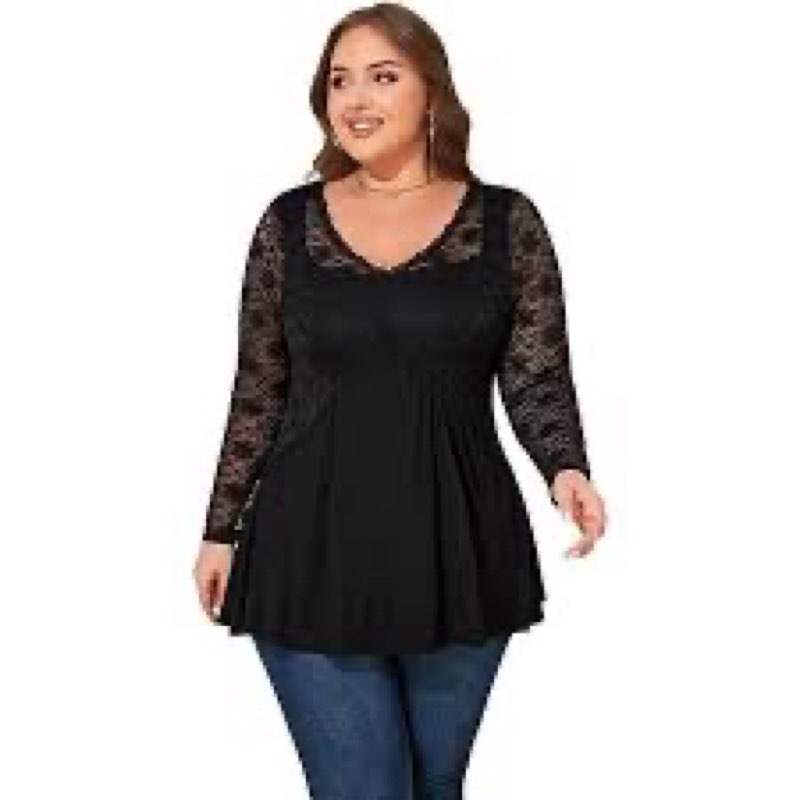 ZNU Sexy Lace Trim Curvy Tops Women’s Plus Size V-Neck Long Sleeve Shirts Pleated Hem Flowy T-Shirt Tunic Tops Casual Blouse Red Wine 1X