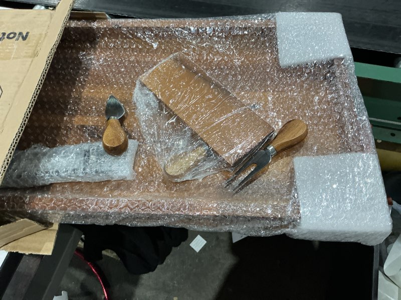 Condition photo showing As Is for acacia 36 inch large charcuterie boards for party with cheese knife set of 4 – acacia wood serving tray with handles, long charcuterie board, wooden cheese board acacia 36" x 12" x 1.5"