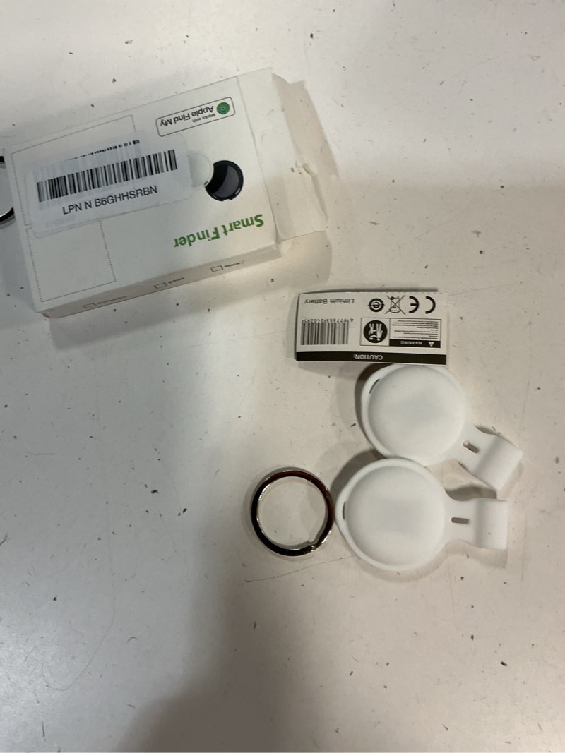 Condition photo showing As Is for 2 pack tracker tags [apple mfi certified] pair with apple find my (ios only) bluetooth air smart tags key finder item locator waterproof finder worldwide tracking for pets wallet backpack dogs luggage white