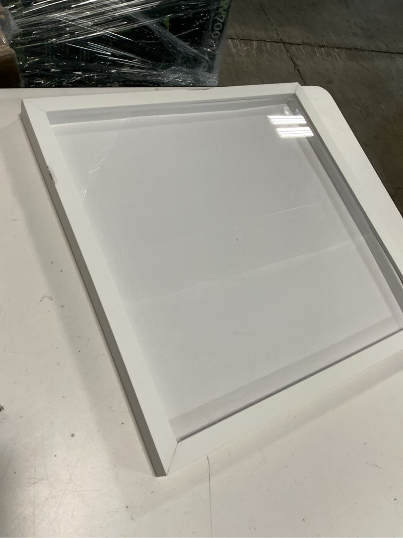 Condition photo showing As Is for 16x16 shadow box white display frame with interior size 16x16 by 1 inches deep includes shatter resistant acrylic plexiglass, backing and hanging hardware