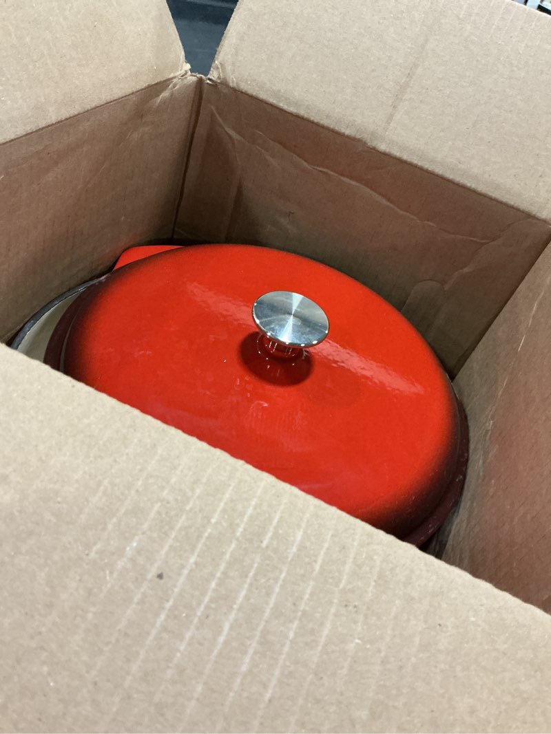 Condition photo showing As Is for amazon basics cast iron dutch oven pot with lid, enameled, round, dual handles, heavy-duty, medium, 6-quart, red red 6-quart