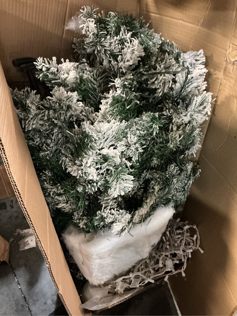 Condition photo showing Good Condition for best choice products pre-lit artificial christmas tree, 6ft snow flocked design pine tree, full appearance snowy w/easy assembly, metal stand 6ft green
