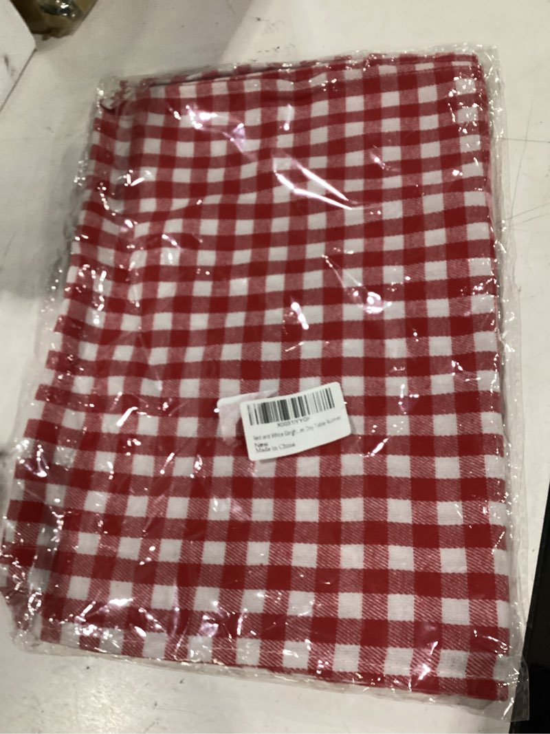 Condition photo showing New/Like New for red and white gingham table runner - 72 inch cotton checkered plaid table runner for home kitchen dinner party table decorations - valentines day