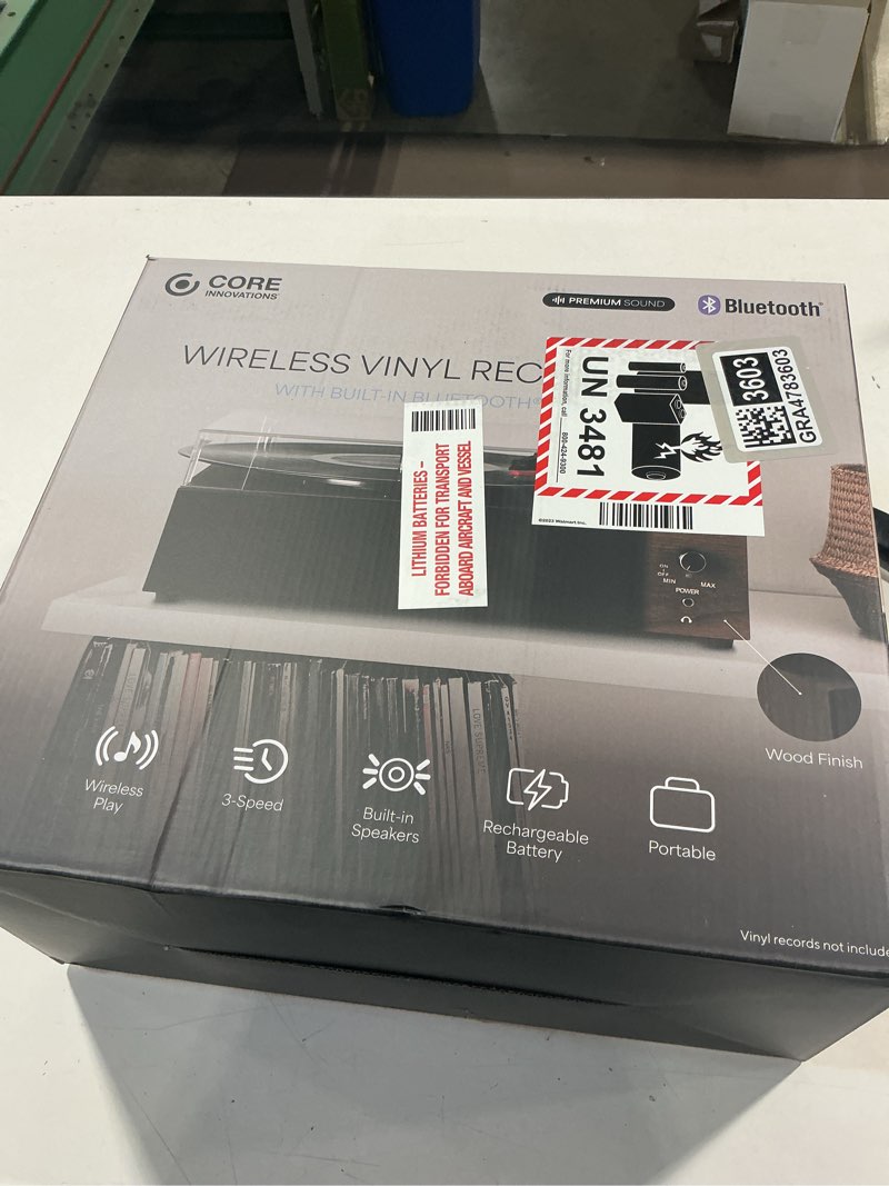 Condition photo showing As Is for core innovations wireless bluetooth turntable, 3-speed vinyl record player with built-in speakers, wood finish & clear dust cover