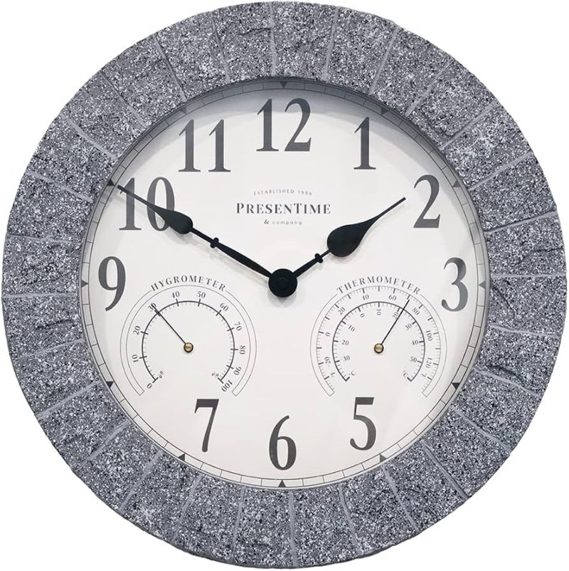 presentime & co sandstone outdoor clock with thermometer & hygrometer as all in one weather station, 14", gray sandstone finish. weather thermometer, outdoor décor, wall décor.