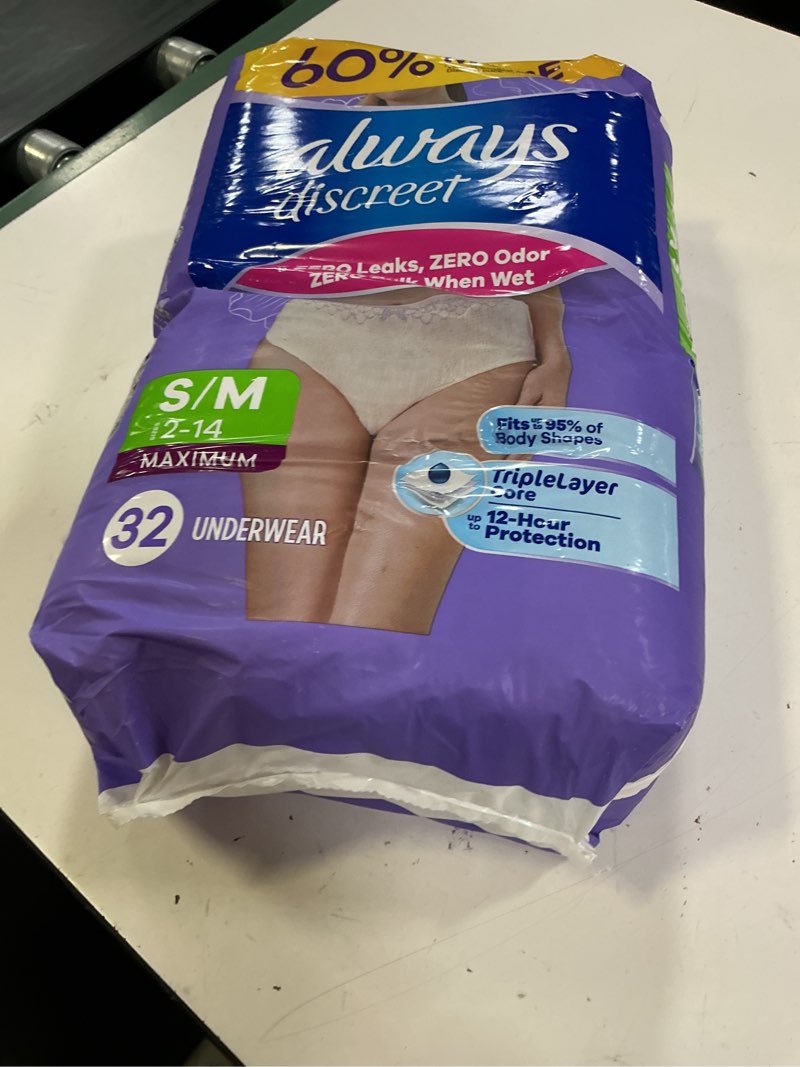 Condition photo showing New/Like New for always discreet adult diapers for women, incontinence underwear, postpartum essentials, disposable briefs, max absorbency, bladder leak protection, small/medium, 32ct small/medium 32