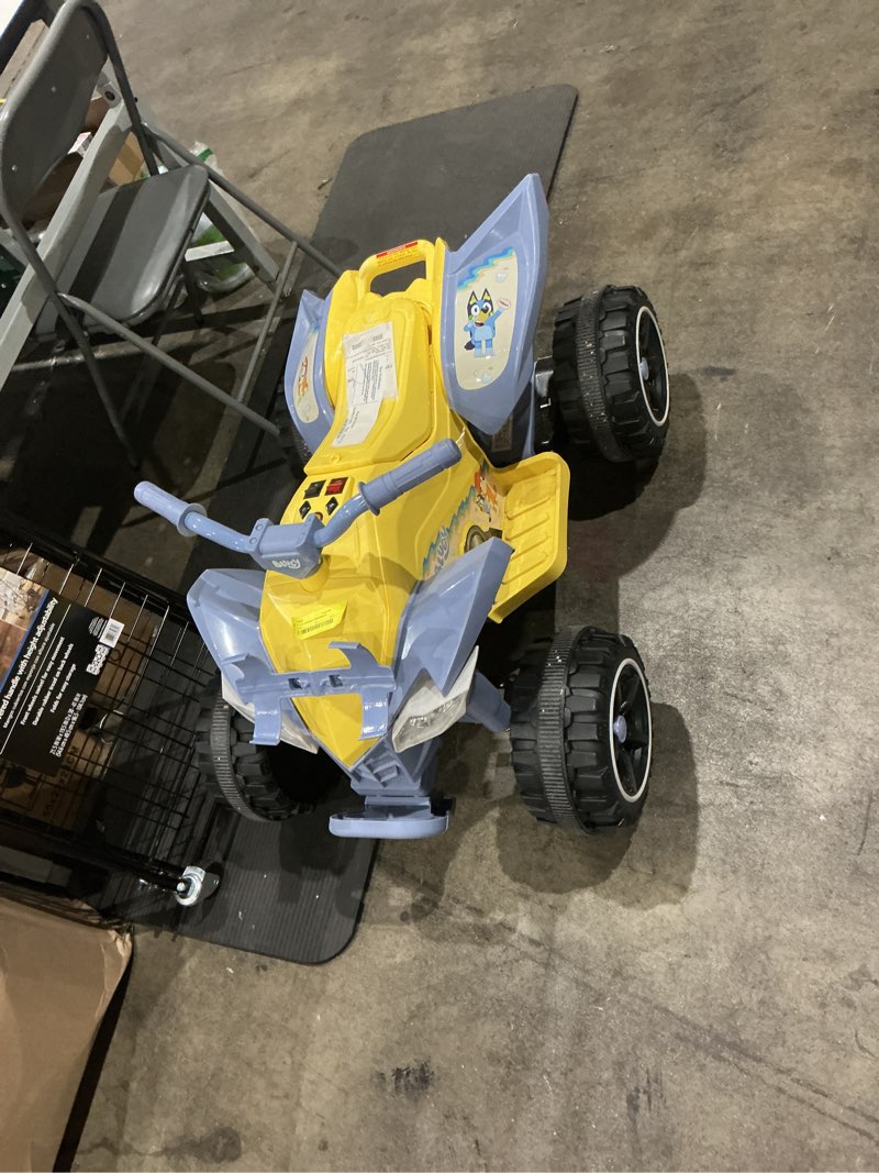 Condition photo showing As Is for bluey 12v atv ride-on with surfboard storage compartment