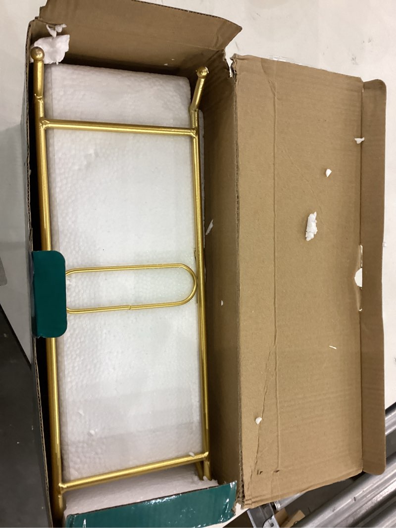 Condition photo showing New/Like New for Ceramic Fruit Bowl for Kitchen Counter - 3 Tier Fruit Basket with Metal Stand, Tiered Fruit Stand for Countertop, Snack, Nuts, Cake, Dessert, Small & Cute (Gold)