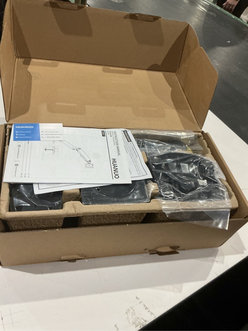 Condition photo showing As Is for huanuo single monitor arm for 13-49 inch screens, ultrawide computer monitor mount holds 26.48 lbs, upgraded adjustable stand with usb, c-clamp & grommet base, vesa 75x75 or 100x100mm 13"-49"
