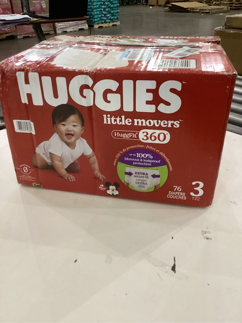 Condition photo showing New/Like New for Huggies Size 3 Baby Diapers, Little Movers HuggFit 360° Baby Diapers with 360° Waistband, Size 3 (16-28 lbs), 76 Count, Packaging May Vary Size 3 76