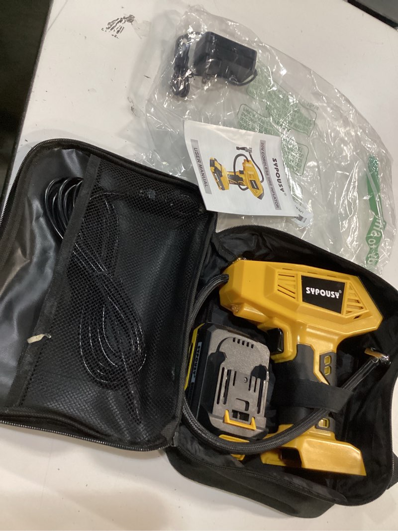 Condition photo showing Good Condition for cordless tire inflator portable air compressor - compatible with dewalt 20v and milwaukee 18v battery, 160 psi 4x fast air pump with auto shut-off, dual power supply modes for car, bike, motorcycle yellow black