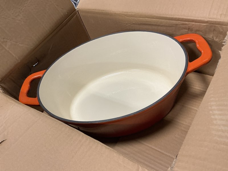Condition photo showing As Is for enameled oval dutch oven pot with lid, 8 qt cast iron dutch oven with dual handles for cooking, bread baking, frying, non-stick enamel coated oven (8 qt orange)