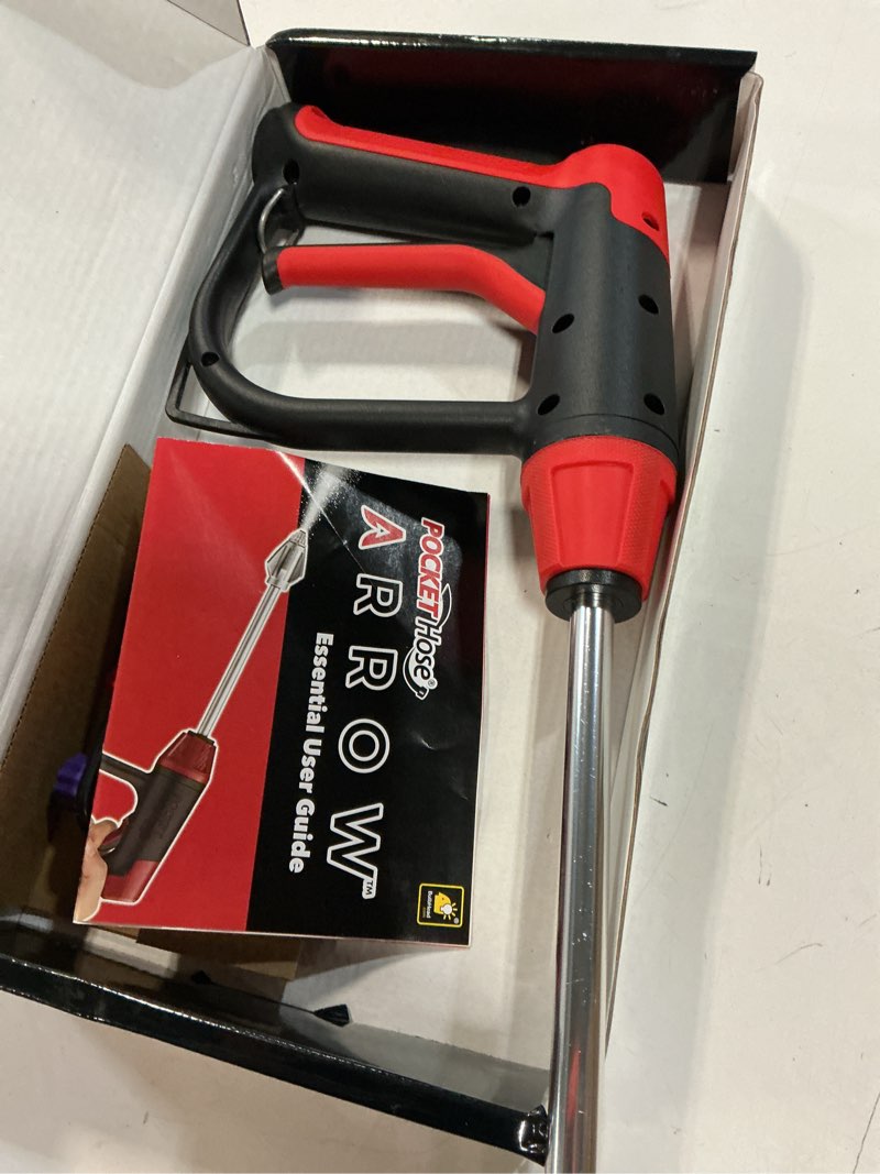 Condition photo showing As Is for pocket hose arrow, as seen on tv, turn any garden hose into a powerful cleaner, flow force tech blasts dirt & grime, 4 precision tips, rust-resistant, non-slip handle, great for car wash