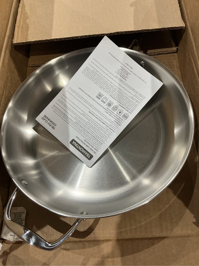 Condition photo showing Good Condition for tramontina signature tri-ply clad stainless steel 12-inch large frying pan with helper handle, induction-ready skillet, dishwasher-safe, nsf-certified, made in brazil fry pan 12" w/ helper
