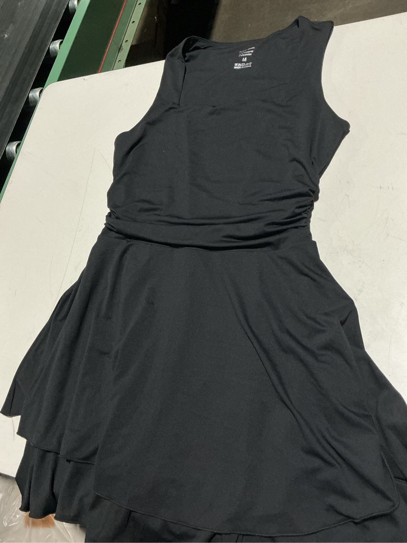 Condition photo showing Good Condition for trendy queen women's square neck summer party flowy ruffle hem ruched waist mini dress black medium