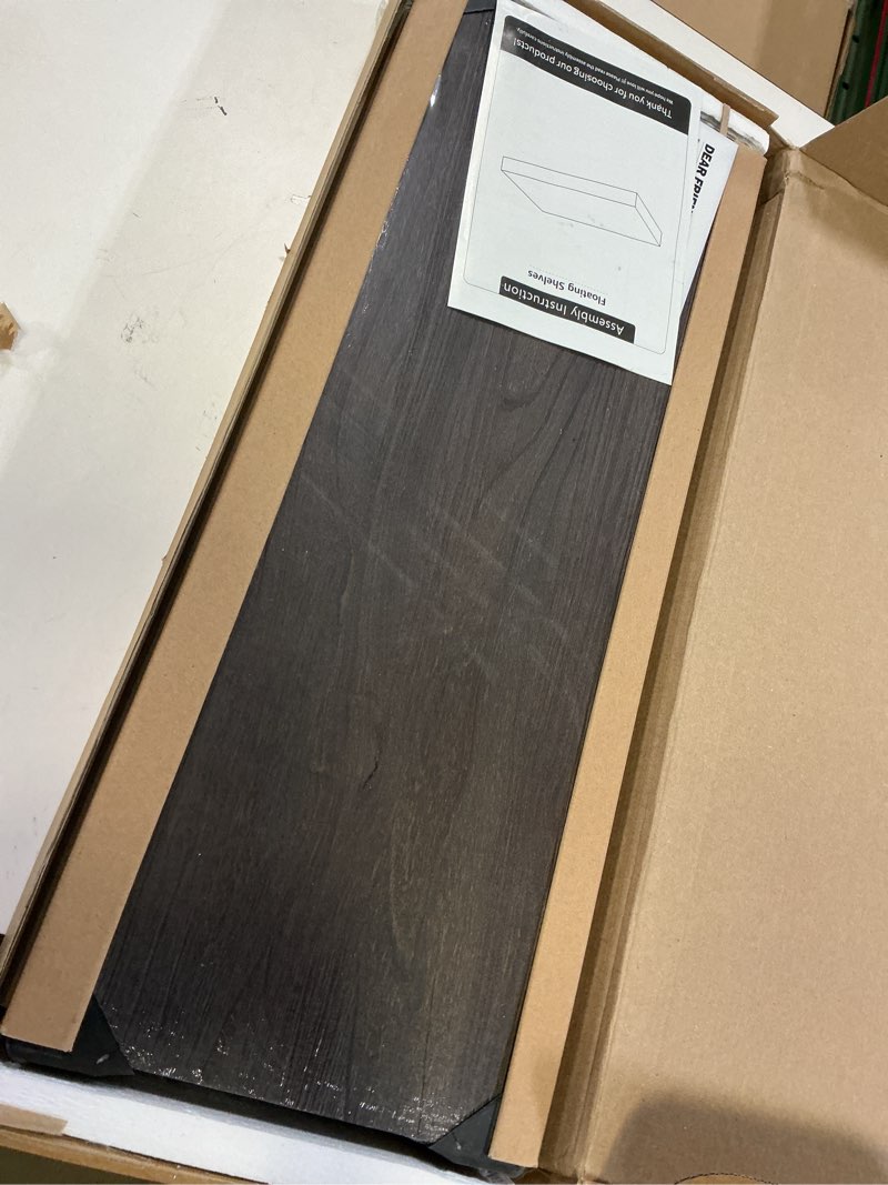 Condition photo showing Good Condition for Fun Memories Floating Shelves for Wall, 24"x9.3" Rustic Solid Elm Wood Shelves, Heavy-Duty Wall Mounted Shelves with Invisible Brackets, Set of 2 for Living Room, Bedroom, Kitchen, Walnut Finish Walnut Finish 2 Flat Edge, 24"W