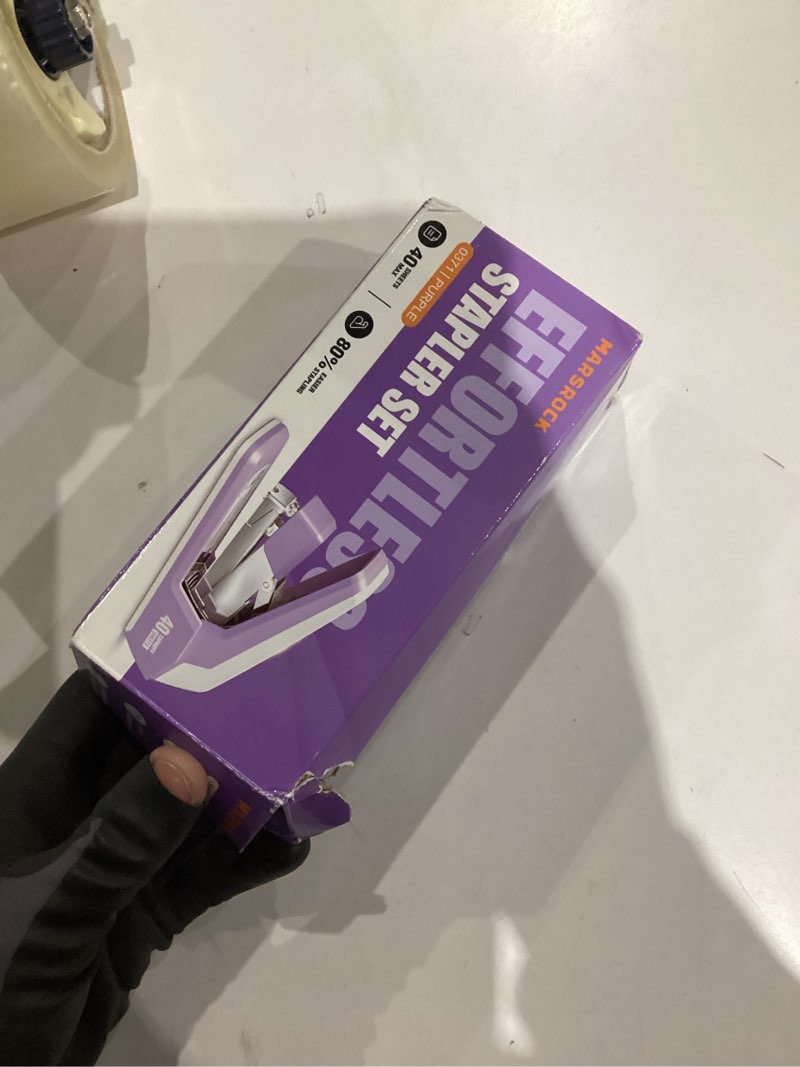 Condition photo showing As Is for Effortless Stapler for Desk with 40-50 Sheet Capacity, 2000 Staples, 1-Touch Stapling, Ergonomic & Easy to Load Desktop Staplers, Heavy Duty Stapler, and Magnetic Staple Remover, Purple