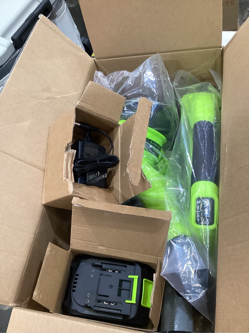 Condition photo showing As Is for leaf blower, electric cordless leaf blower with battery and charger, 2 speed mode, lightweight leaf blowers for blowing leaves, lawn care, patio cleaning and dust