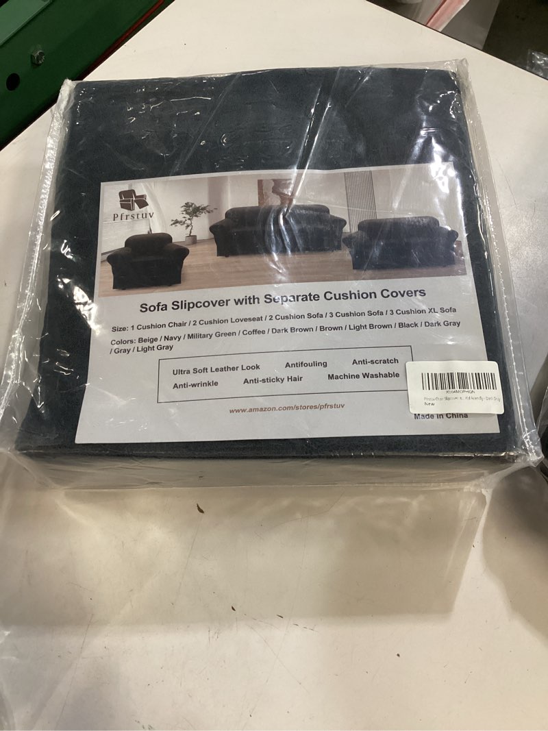 Condition photo showing New/Like New for chair slipcover with armrest pockets 2-piece set, stretch faux leather chair cover for armchairs(fits 31-45") - non-slip, machine washable, pet & kid friendly - dark gray 1 cushion chair dark gray