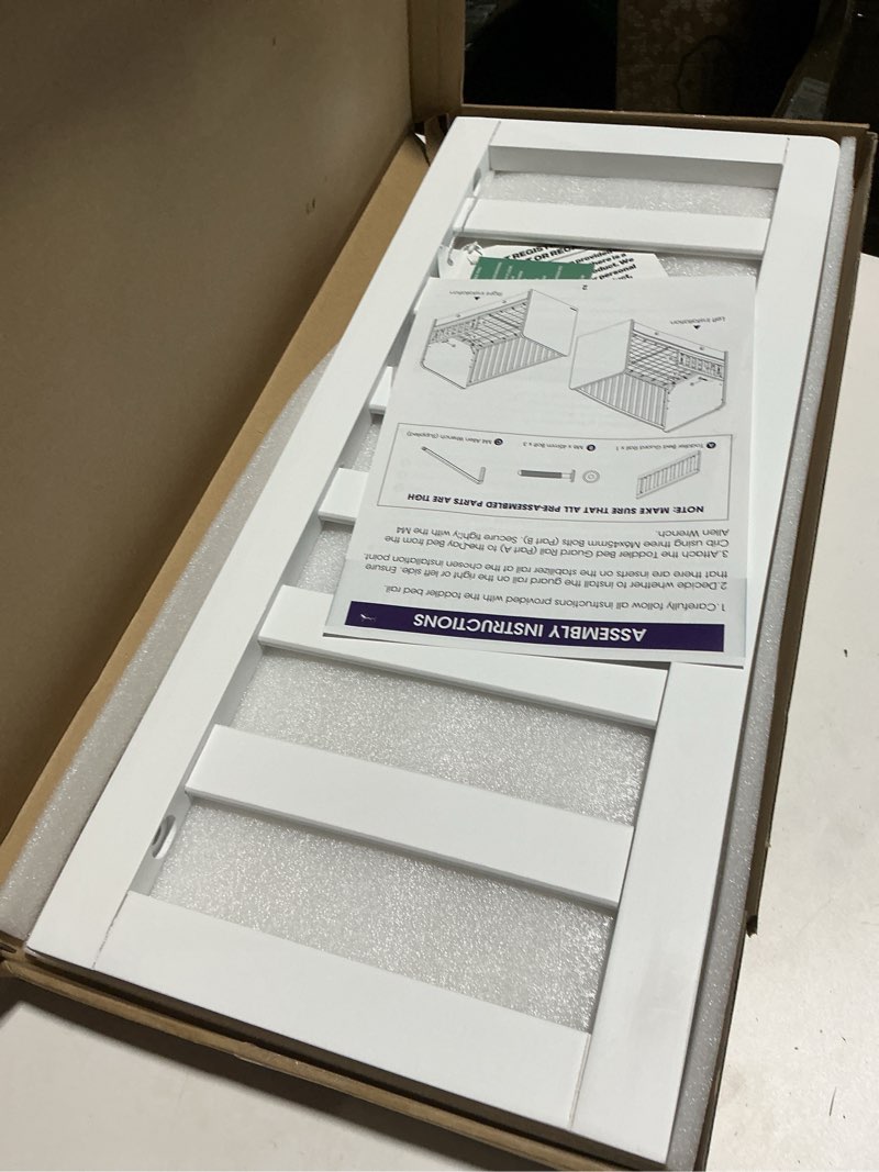 Condition photo showing Good Condition for toddler safe guardrail compatible with delta children convertible crib, crib rail for prevent toddler from rolling off the bed, white