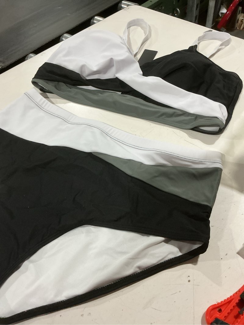 Condition photo showing Good Condition for tempt me plus size two piece swimsuit - women high waisted bikini set tummy control bathing suits whtie black grey 16 plus