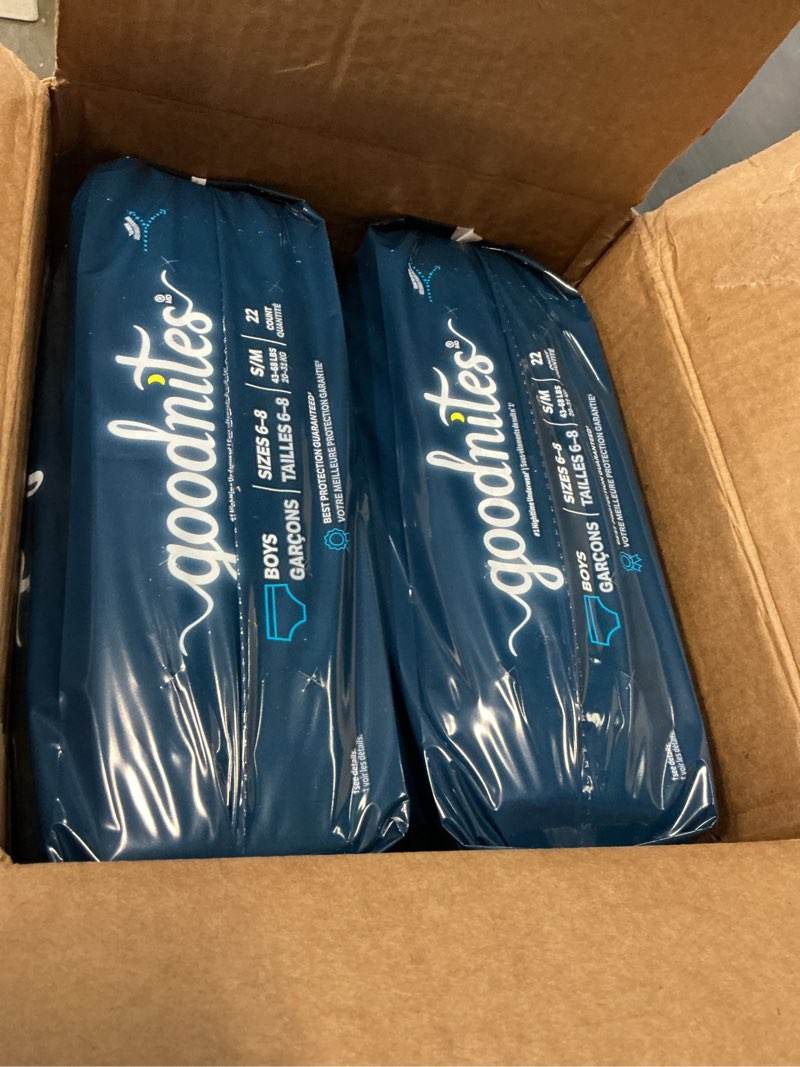 Condition photo showing New/Like New for goodnites boys' nighttime bedwetting underwear, size s/m (43-68 lbs), 44 ct (2 packs of 22), packaging may vary small/medium 44