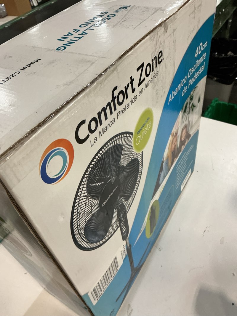 Condition photo showing As Is for Comfort Zone 16-Inch Oscillating Pedestal Fan, 3-Speed High-Velocity Cooling, Adjustable Height & Tilt, Quad-Pod Folding Base, Black – ETL Listed Black 16"