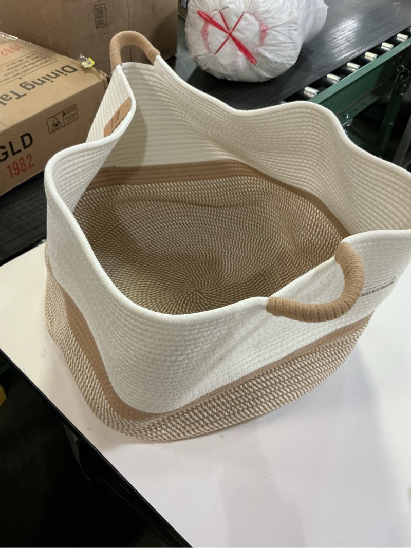 Condition photo showing Good Condition for 67L Large Blanket Basket, 20"x13" Woven Storage Baskets With Handle, Cotton Rope Blanket Basket Living Room, Baby Laundry hamper for Blanket, Nursery, Toy, Pillow (White & Brown) 20"D×13"H ( Wide ) White & Brown