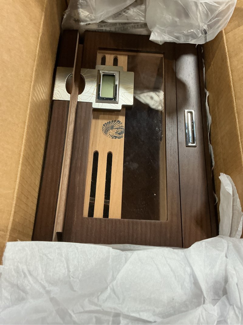 Condition photo showing item condition for TISFA Cigar Humidor Cedar Wood Cigar Box with 2 Digital Hygrometer, 2 Humidifiers, Cedar Tray, Divider, Accessory Drawer, Glass Top Large Desktop Humidors and Acrylic Travel Cigar Tube Gifts Set Brown