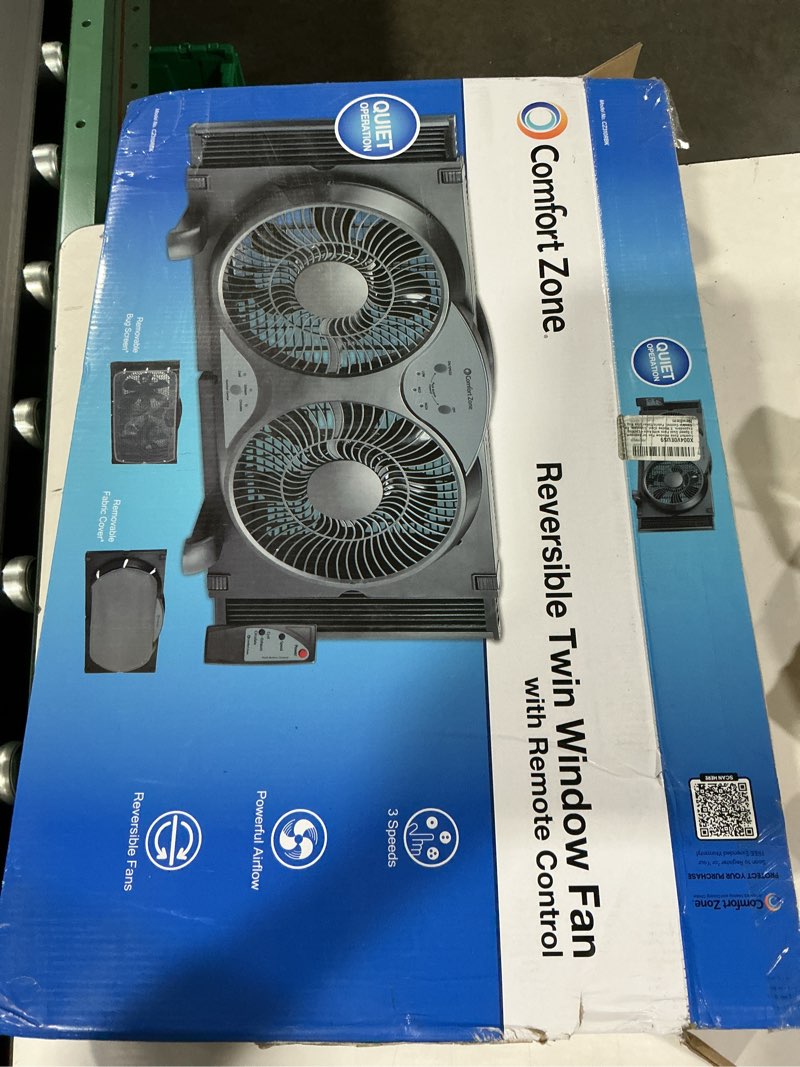 comfort zone 9-inch reversible twin window fan with remote control – 3-speed dual blade fan with exhaust, cooling & circulate modes, expandable width 23.5" to 37", removable bug screen & tabletop feet black 3-speed w/remote