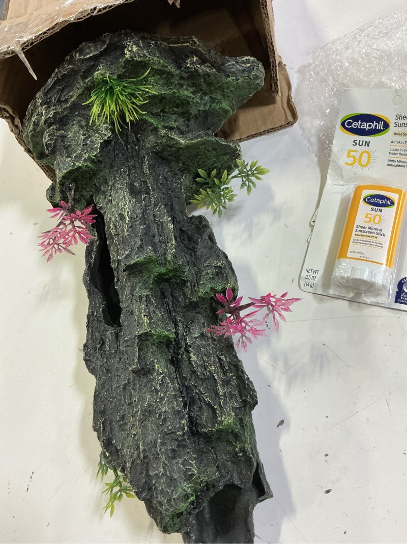 Condition photo showing New/Like New for large aquarium decoration - resin rockery landscape castle decoration fighting fish hiding cave fish tank ornaments accessories - height 14.3 inches (purple)