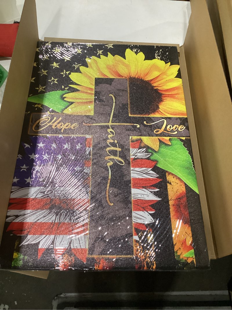 Condition photo showing New/Like New for sunflower canvas wall art cross painting wall decor american flag poster print faith love hope picture for wall living room bedroom bathroom home decorations 16*24 in (stretched canvas on a wooden frame)