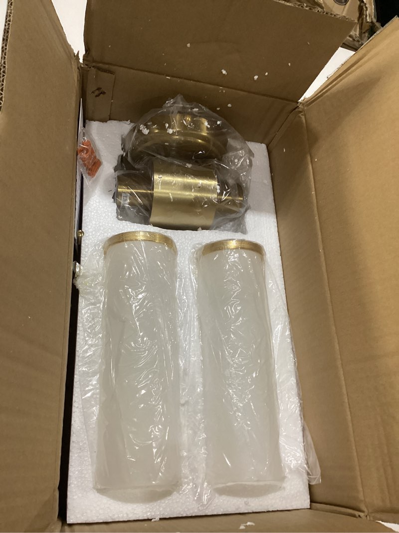 Condition photo showing Good Condition for DAYCENT Gold Bathroom Light Fixtures 2-Light Frosted Glass Wall Sconce Modern Brass Glass Wall Light Fixtures Cylinder Vanity Lights Bedside Mirror Lighting for Hallway Bedroom, 20" H