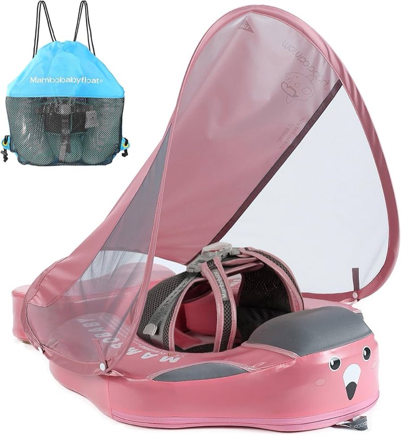 genteaco newest mambobaby baby swim float with canopy non-inflatable infant pool float with tail 3-24 months avoid flip solid skin-friendly material for toddler boys girls pink hot air balloon