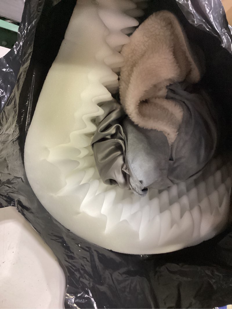 Condition photo showing Good Condition for furhaven round orthopedic dog bed for large dogs, egg crate with a solid orthopedic foam base with attached blanket hood and removable washable cover, large, sherpa & suede snuggery, gray gray large
