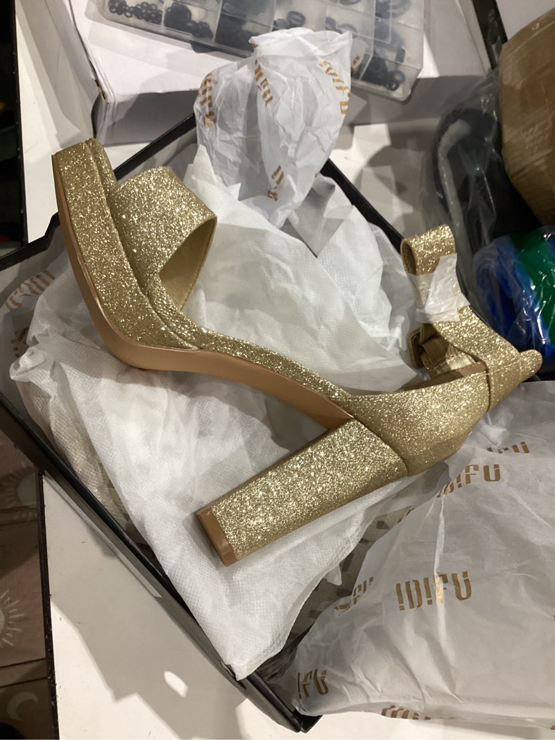 Condition photo showing Good Condition for idifu women's in4 sabrina platform chunky high heels ankle strap heeled sandals wedding party dress shoes 6.5 gold glitter