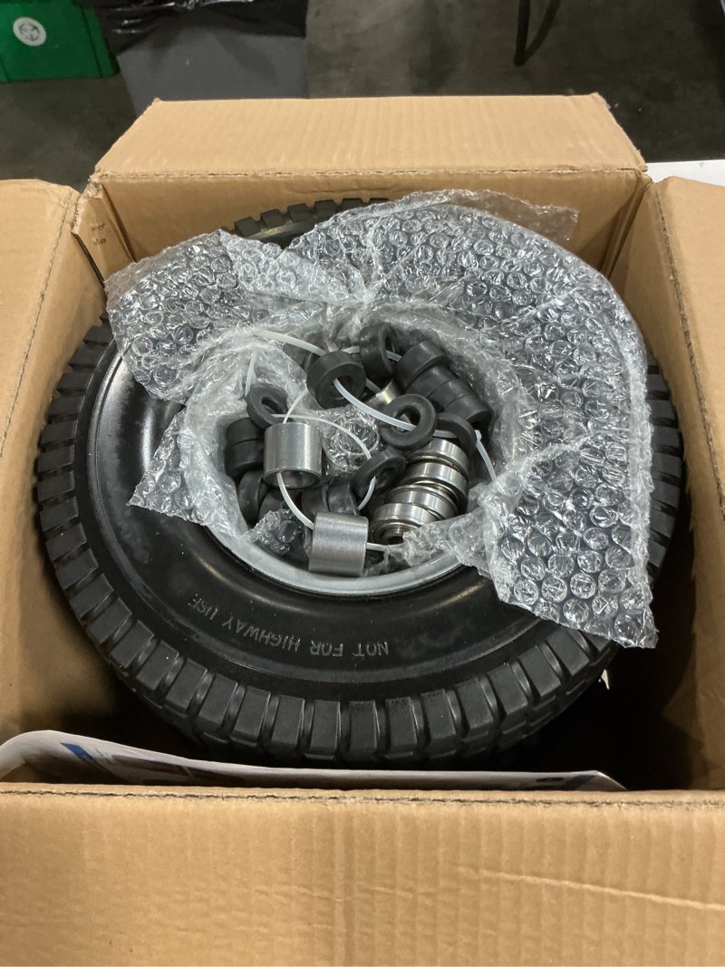 Condition photo showing New/Like New for ar-pro (2 pack) 13x5.00-6 flat free tire and wheel assembly, solid lawn mower front tire with 3" centered hub, 3/4" bearing extra 5/8"&1/2", compatible with riding mowers & garden tractors 13 x 5.00-6" flat-free (centered hub) silver