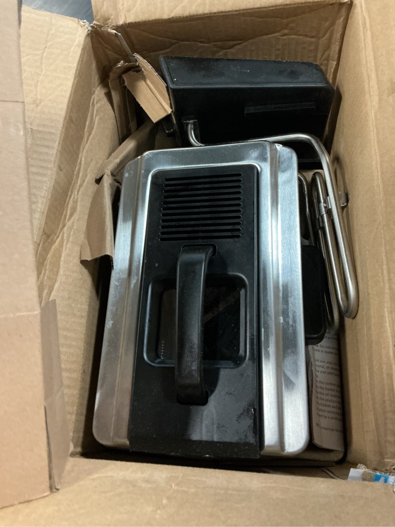 Condition photo showing As Is for pantrypro 2 liter / 2.1 quart stainless steel immersion electric deep fryer, 1400 w, temperature control, basket with hook, odor filter, lid w. viewing window